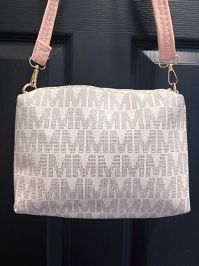 Monogram M Cream Crossbody Bag with Pink Adjustable Strap NEW